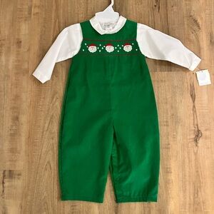 Petit Ami Green Overalls with Santa Embroidery
